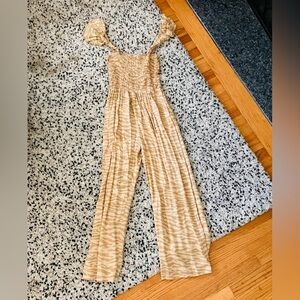 Tan animal print wide legged cotton jumpsuit